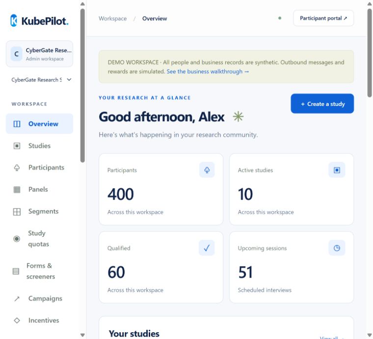 KubePilot research workspace showing participant counts, recruitment progress and upcoming interviews